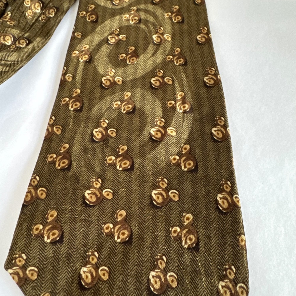 The Disney Store Mickey Mouse Silk Tie Olive Green Herringbone Hand Made Vintage